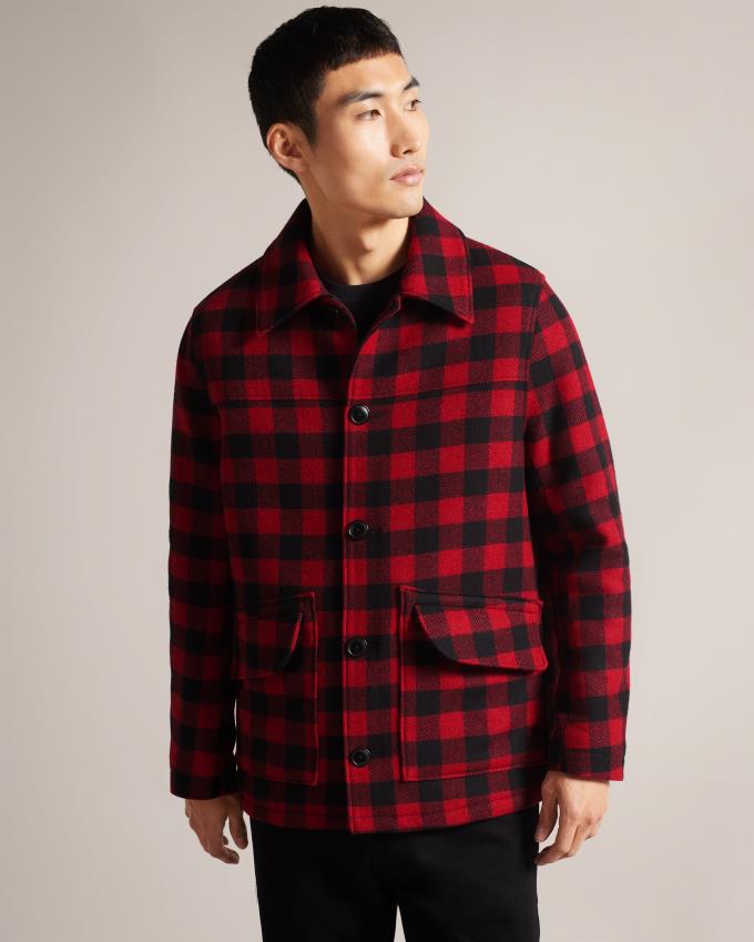 Chemises Ted Baker Check Wool Overshirt Rouge Homme | VTP-52618451